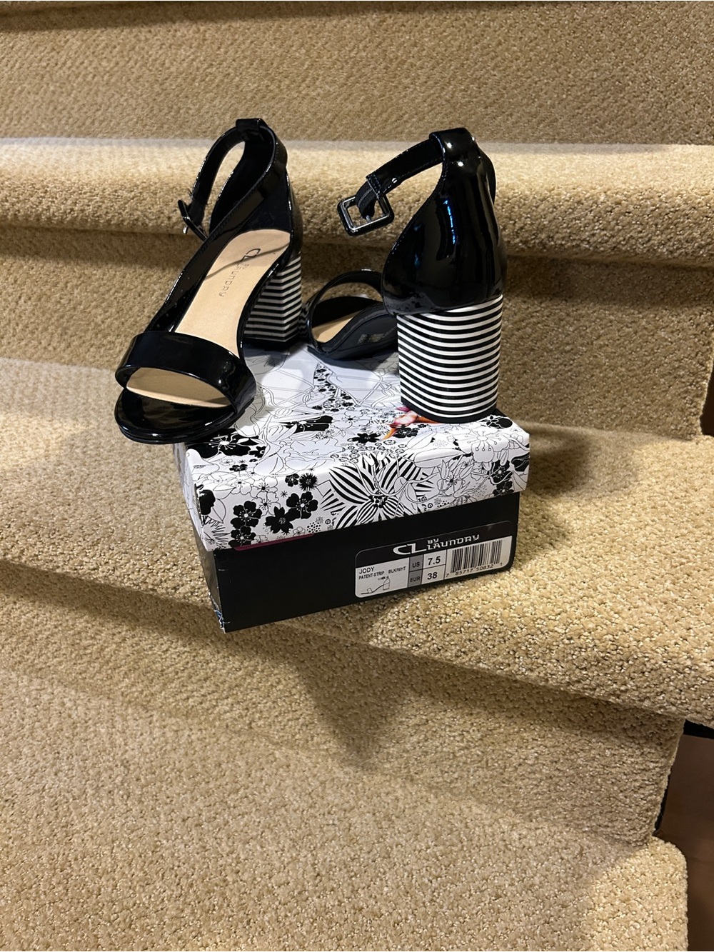 CL by Laundry Black Patent Ankle Strap Sandals with Striped Block Heel